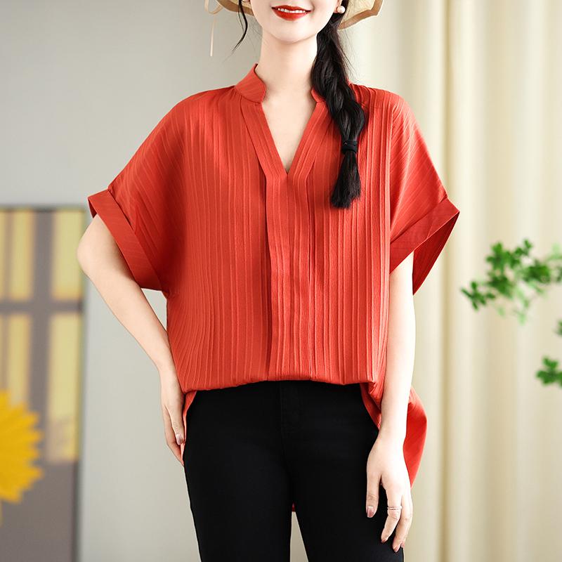DIMANAF 2025 Summer Plus Size Short Sleeve T-Shirt V-Neck Women Solid Loose Basic Tops Tees Maxi