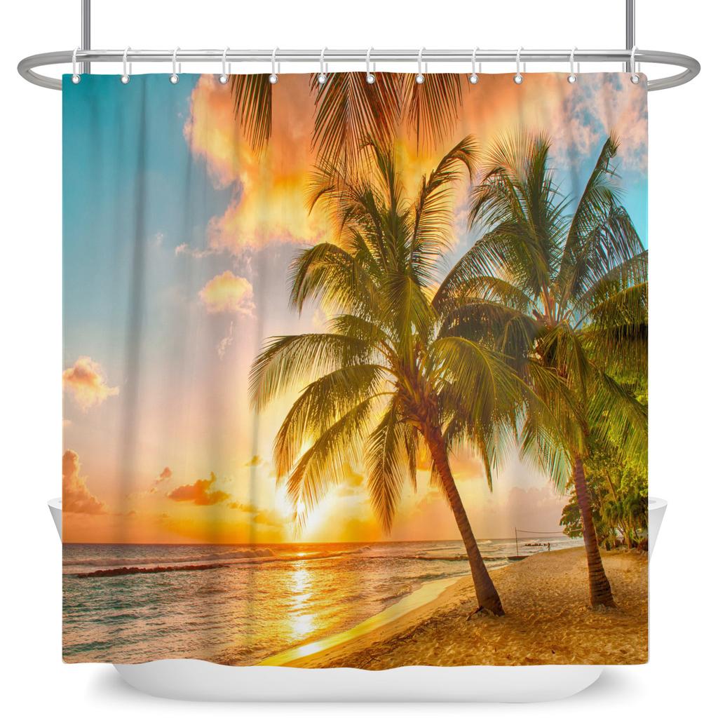 Tropical Beach Sunset Shower Curtain Palm Tree Ocean Waterproof Bath Curtain Bathroom Decor Vacation Style Polyester With Hooks