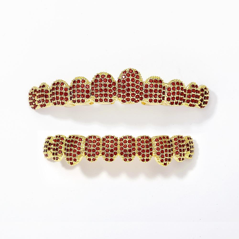 Stock Halloween Hiphop 10 Tooth Grillz Micro Pave Inlaid Red Zircon Rapper Cosplay Party Teeth Decoration Jewelry