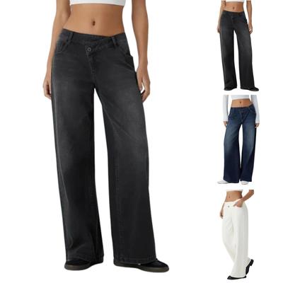 Women's Casual Fashion Solid Color Elastic Waist Pockets Wide Leg Straight Jeans Pants