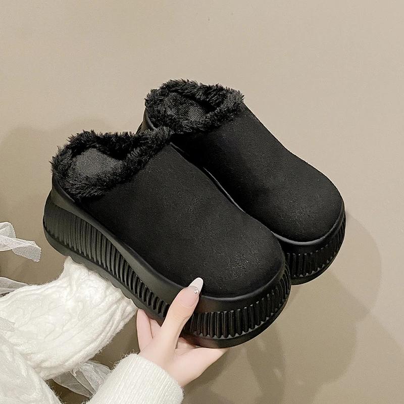 Mode Neue Plateau-Pelzpantoletten mit runder Zehenpartie für Damen Wildleder Pantoletten Baumwollschuhe Winter Lässig Kurzer Plüsch Warm 10CM Hohe Absätze Pantolette