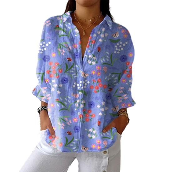 

Women Shirt Lapel Long Sleeve Buttons Placket Shirt Tops Loose Fit Mid-length Summer Floral Shirt Lightweight Casual Tops S A
