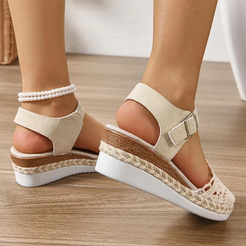 Fashion Hollow Espadrilles Wedge Sandals for Women Summer 2025 Peep Toe Ankle Strap Platform Sandals Woman Thick Sole Casual Beach Shoes