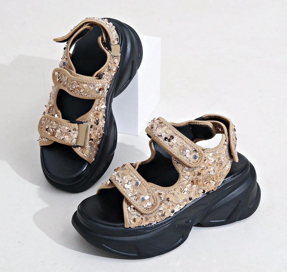 New casual sandals muffin Velcro large size foreign trade platform sandals denim women's shoes