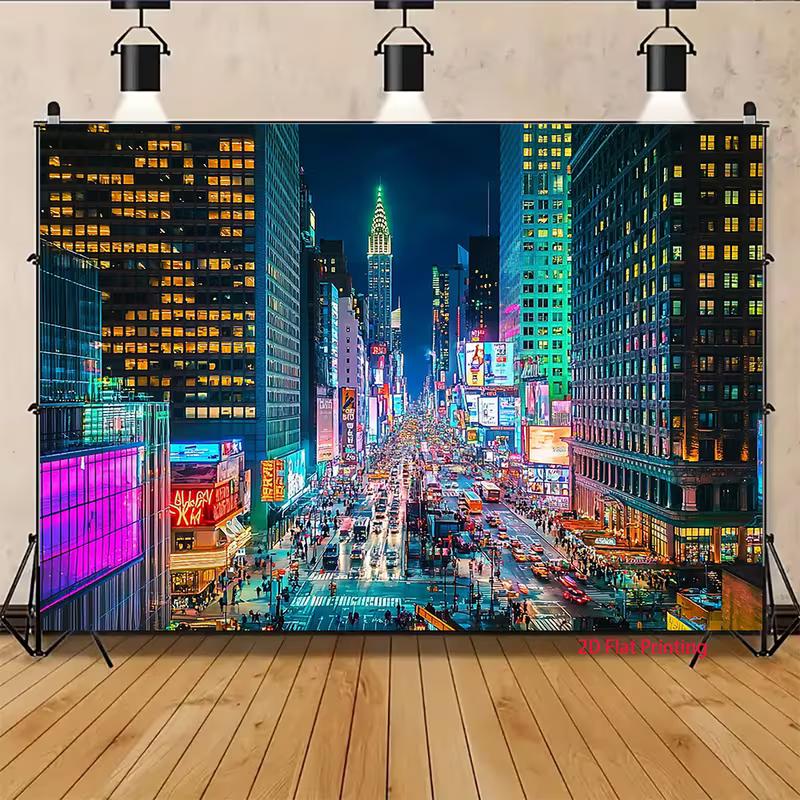 2D Times Square Neon Backdrop, City Night View Photography & Live Stream Banner