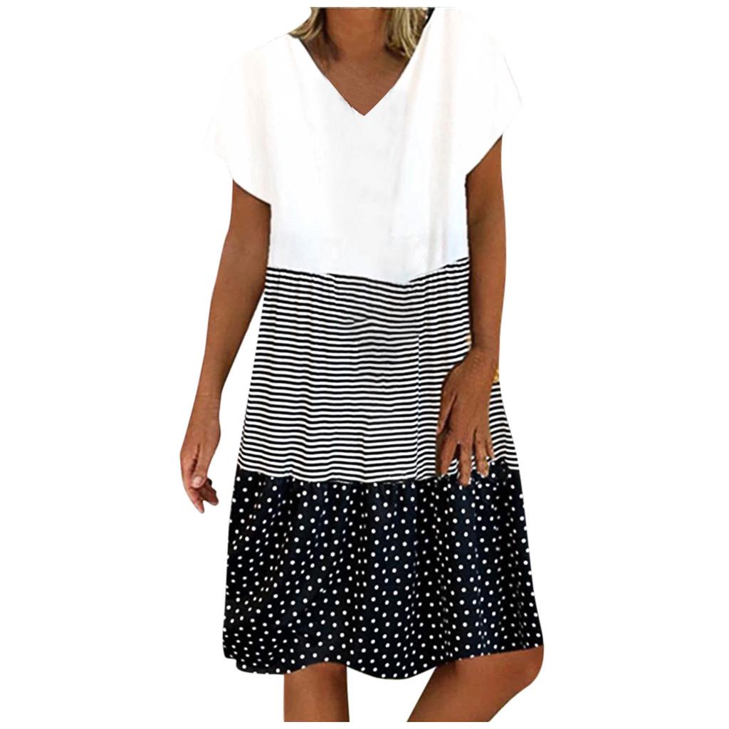 Fashion Women Casual Loose Stripe Dot Patchwork V-Neck Short Sleeves Dress