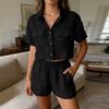 Completo due pezzi da donna: Cardigan con colletto, manica corta, bottoni e vita elasticizzata con pantaloncini