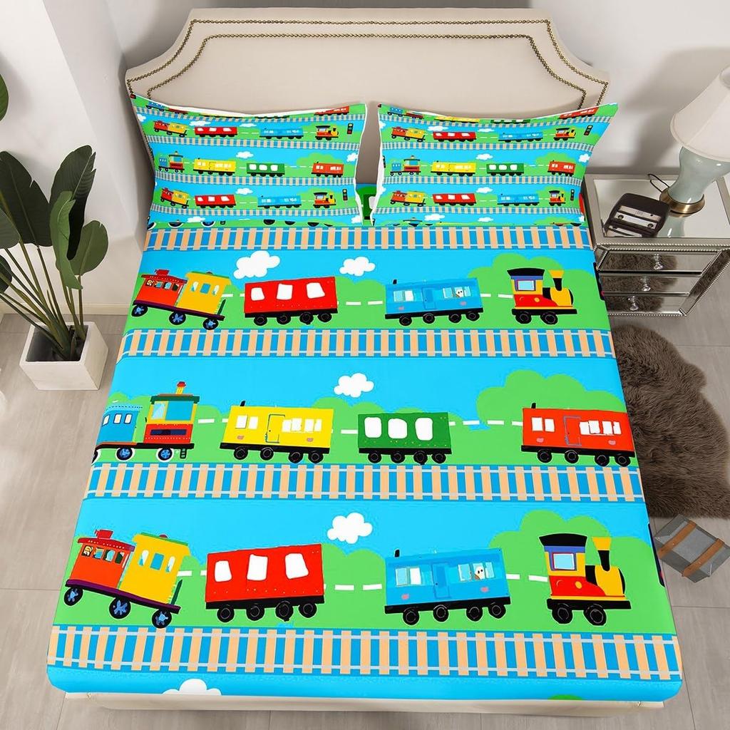 Vintage Prostěradlo s vlakem, Kreslené prostěradlo s vlakovým vagonem pro teenagery, dospělé, dekorace ložnice, Přehoz na postel s vlakem a povlak na polštář 75*50cm