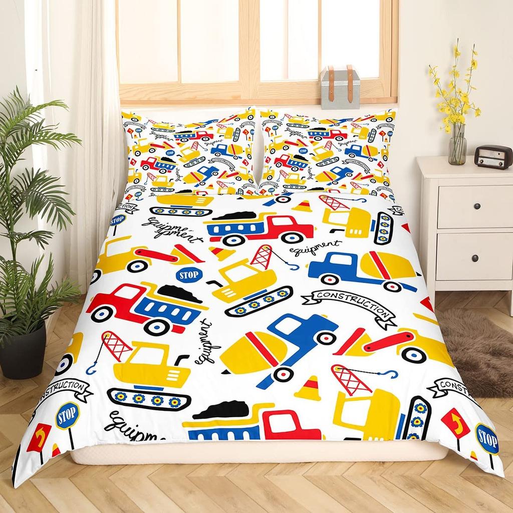 Truck Excavator King Queen Duvet Cover Yellow Tractor Bedding Set For Kids Boys Girls Cartoon Car Transporter 2/3pcs Quilt Cover