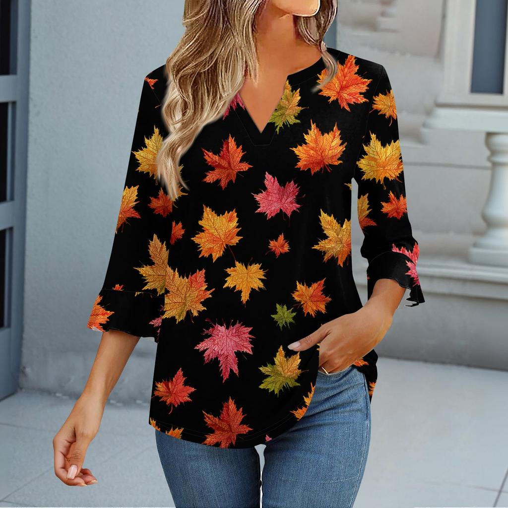 Bluzki z rękawem 3/4 dla kobiet T-shirt Casual Rozkloszowane rękawy Nadruk Tunika Dekolt V Sweter Bluzka
