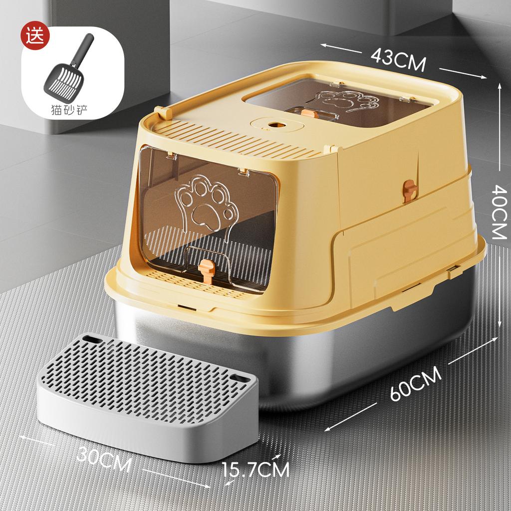 Large Enclosed Cat Litter Box Stainless Steel Anti-Scatter Cat Bedpan Fully Sealed Kitty Toilet High-Sided Pet Bathroom Solution
