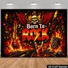 Rock Music Party Backdrop Banner, Born To Rock Winged Skull Flames Electric Guitar Amp Notes, Polyester Photo Background Wall Decor Indoor Outdoor