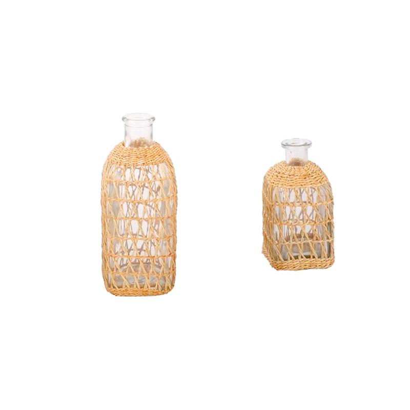 1Pcs Home Rattan Woven Vase Bamboo Weaving Weaving Glass Vintage Grass Woven Vase Centerpiece