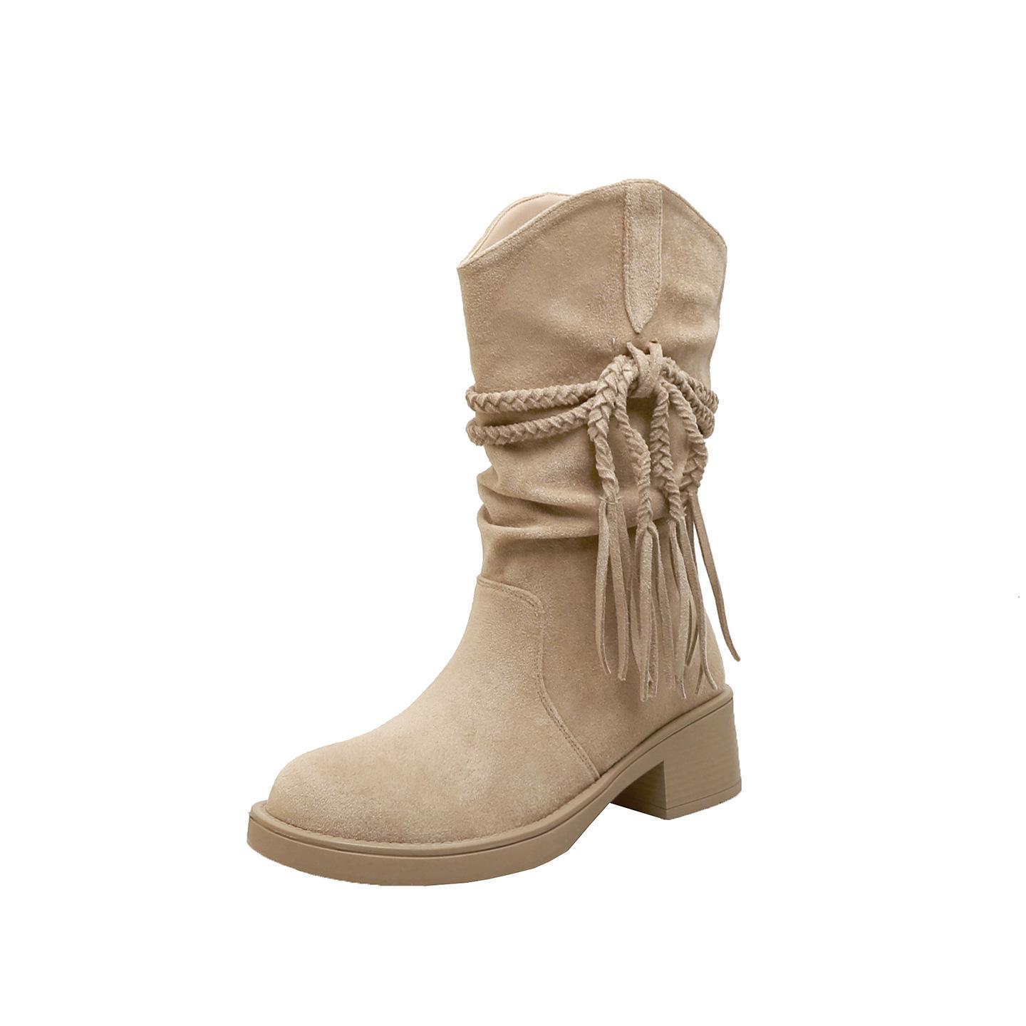 

Cowhide Edition Egyptian Boots~ 2025 Autumn and Winter Tassel Coarse Heel Medium and High Boots Western Cowboy Boots Women s Pile Boots 40