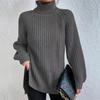 Soft Warm Knitwear Turtleneck Split Sweater Solid Mid Length Pullover Long Sleeve Raglan Casual Fashion Autumn Winter