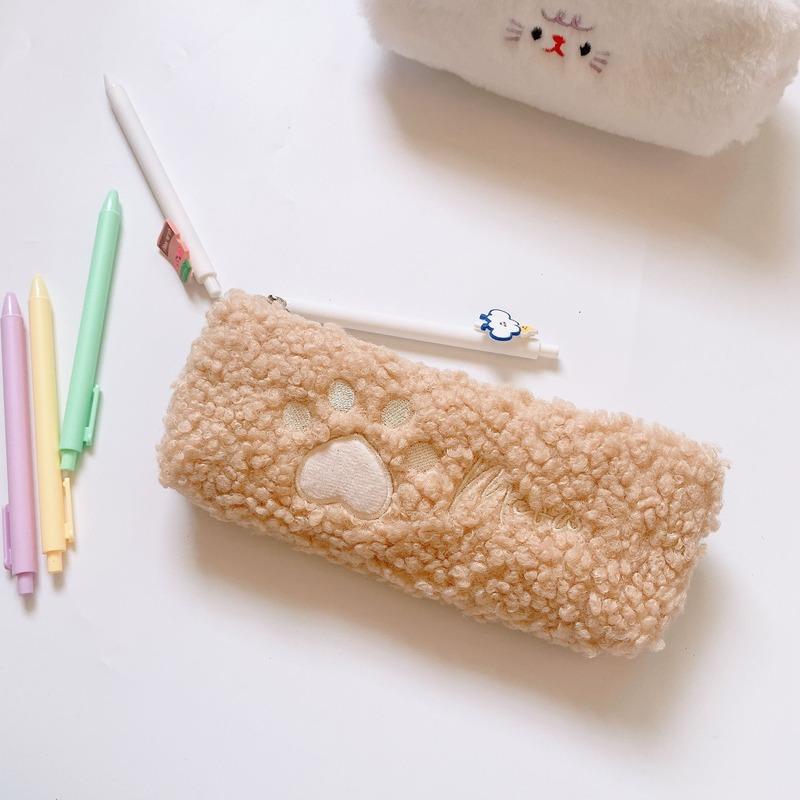 Hairy Cute Kawaii Cat Paw Plush Pencil Bag Case Girl Supplies Simple Student Stationery Pen Case Storage Bag Gifts For Kids