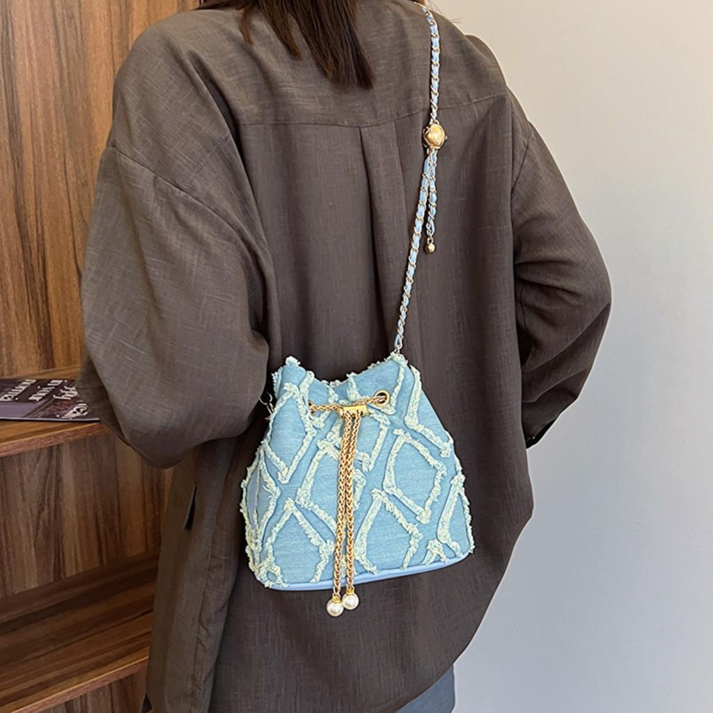 Ling Grid Řetízková Kbelíková Taška, Jednoduchá Crossbody Taška, Dámská Módní Ramenní Taška se Stahovací Šňůrkou a Střapcem