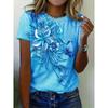 Summer Round Neck Solid Color Short Sleeved Top 3D Flower Pattern Printed Women's T-shirts