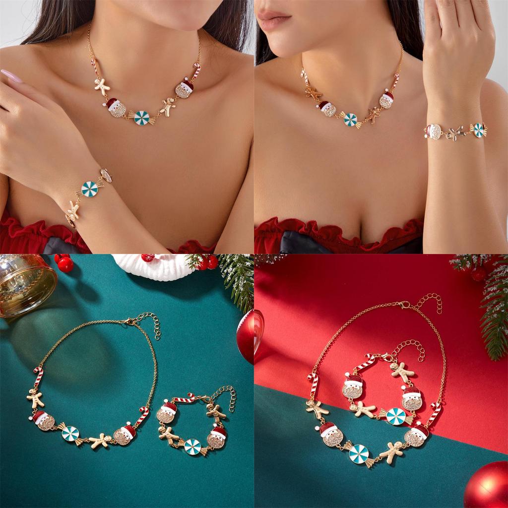 Christmas Jewelry Set With Rhinestone Santa And Gingerbread Pendant For Holiday Gifts
