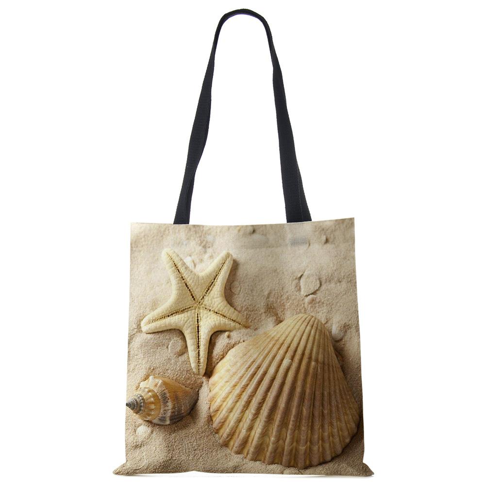 Ladies Shoulder Bag Blue Ocean Starfish Beach Sand Prints Tote Bag Linen Fabric Beautiful Casual Practical Handbag Casually