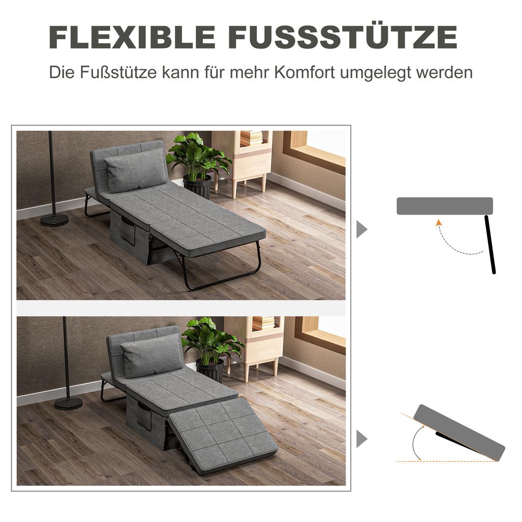 4-in-1 Folding Bed, Guest Bed, Height-Adjustable, Mattress, Side Pockets, Metal Frame, Gray, 188 X 75 X 38 Cm