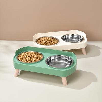 1pc Stainless Steel Double Bowl Cat and Dog Drinking and Eating Bowl, Sturdy, Durable and Splash Proof