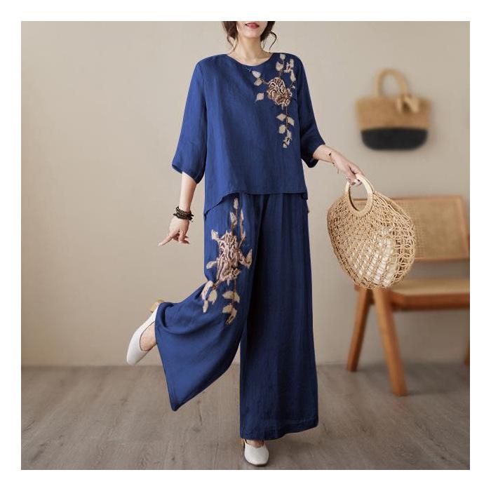 Retro Embroidered Summer Slim Fit Casual Chinese Style Short Sleeve Bottoms Set Women's Fashion Wear