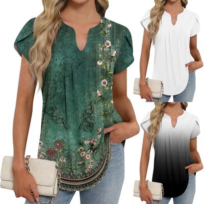 Women's Summer Tops Casual Short Sleeve V-Neck Loose Pleated T Shirt