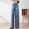 Encaje patchwork talla grande Vintage floral cintura alta casual holgado largo Mujer primavera verano otoño jeans denim pierna ancha Pantalones