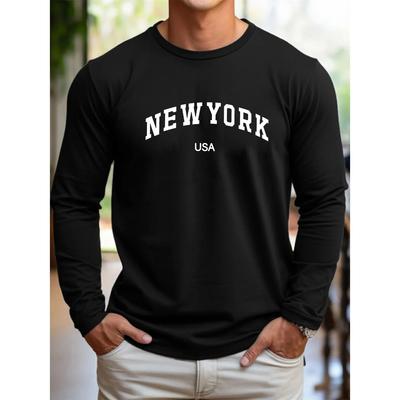 Men's Comfortable Sports Casual Loose Plus Size New York USA Printed Round Neck Long Sleeved T-shirt Top