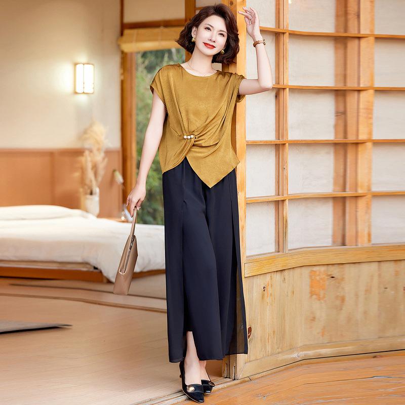 

Elegant Summer Chiffon Set: Wide-Leg Pants & Short-Sleeved Top for Mature Women 5XL [145-160 lbs]