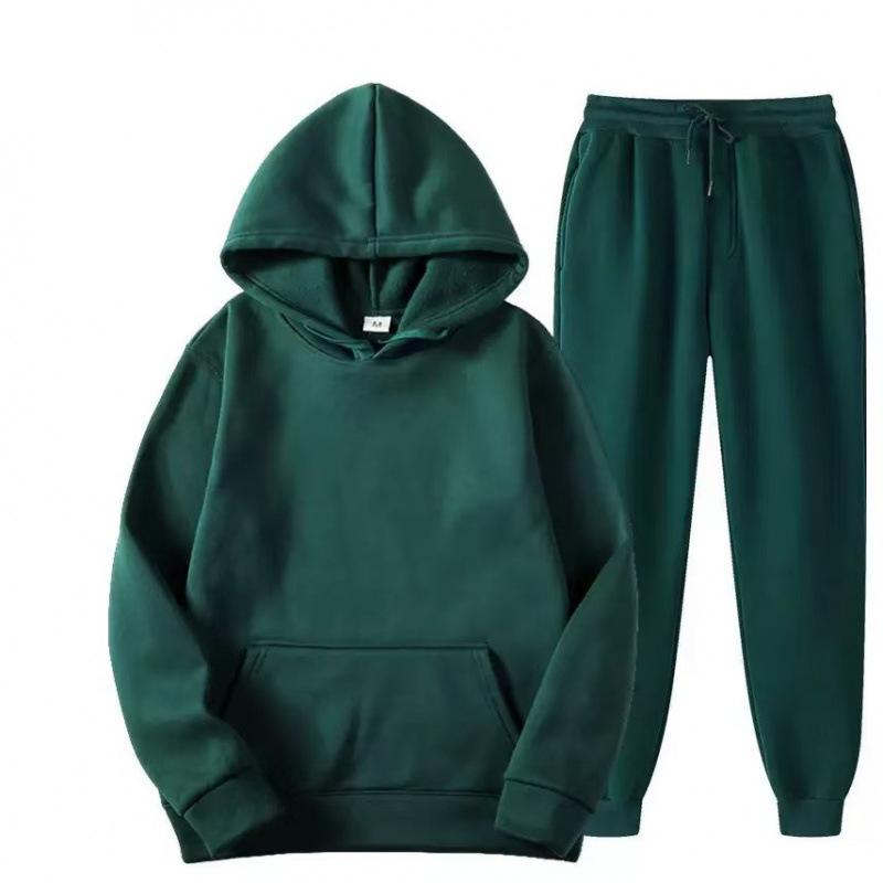 Fleece Hooded Set Fashion Casual Solid Color Sweatshirt Sweater Men's Two-piece Set