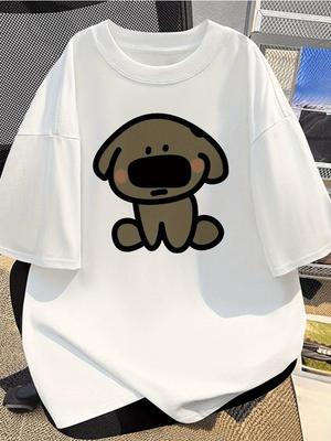 Cotton Short Sleeved Tshirt for Women with Cartoon Dog Print Pattern Casual Commuting Top Fashionable and Comfortable Top