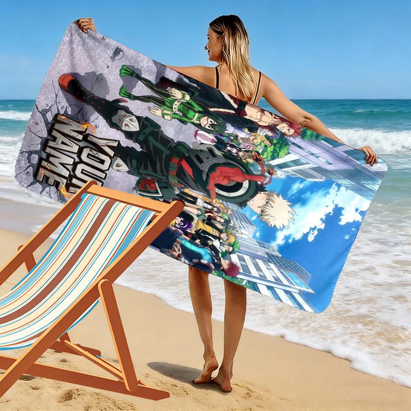 Name Custom Anime Mha Print Beach Towel, Large Soft Quick Dry Towel for Beach Camping Swimming