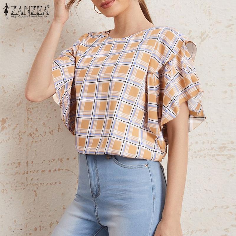 ZANZEA Women Summer Ruffles Sleeve Loose Casual Plaid Print Blouse