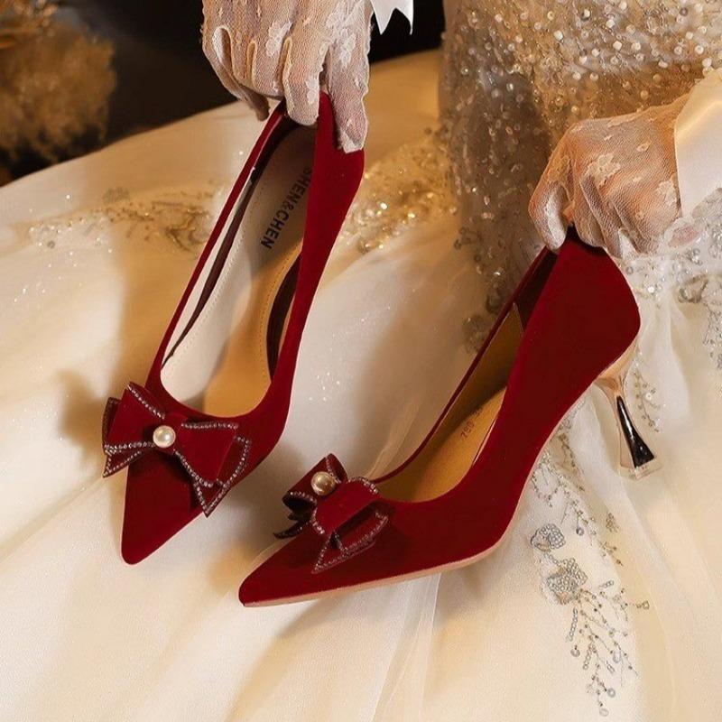 

Fashion Women s Fashion Thin Heel Single Shoes Autumn New Pointed Head Shallow Mouth Suede Butterfly Knot High Heels Wedding Shoes 34