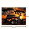 Stylish Old Car Tapestry, Hot Rod with Flames at African Sunset Landscape Wall Art for Party Backdrop