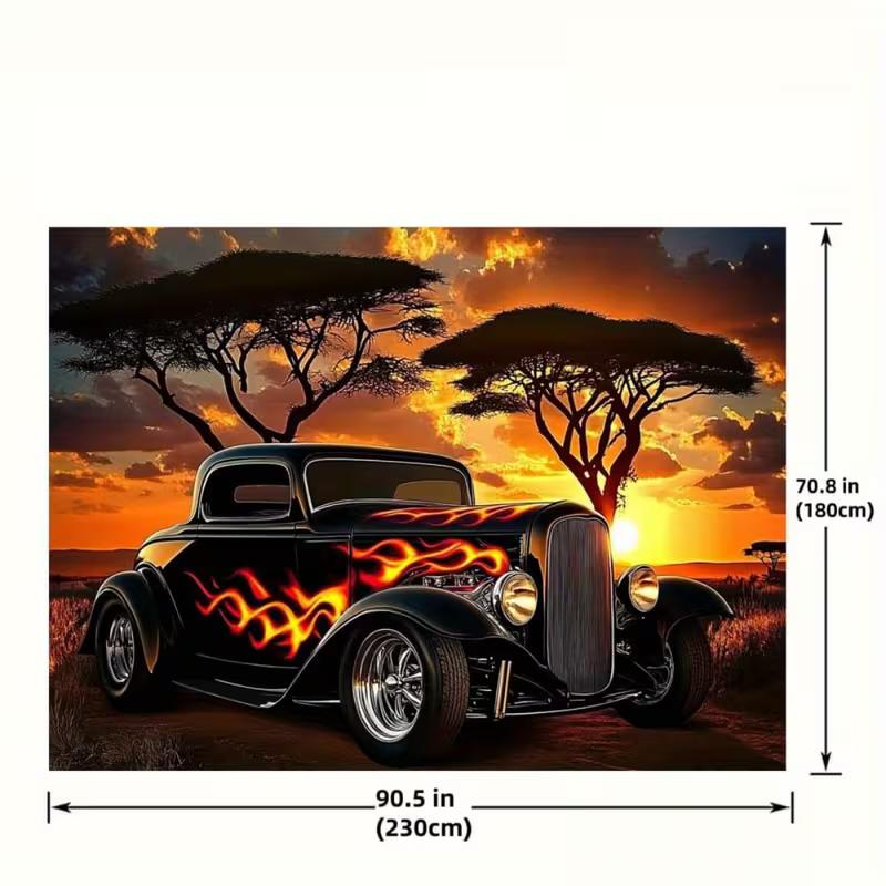 Stylish Old Car Tapestry, Hot Rod with Flames at African Sunset Landscape Wall Art for Party Backdrop