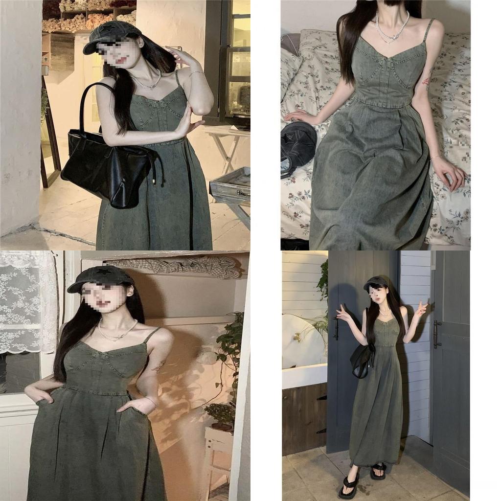 Vintage Denim Suspender Dress With Knit Fabric For Summer Casual Wear
