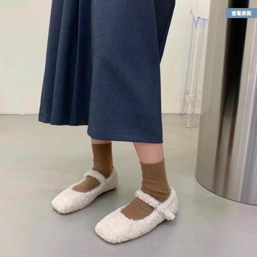 Designer Fashion Square Toe Fleece Flet Ballet Flats Woman Winter Warm Wool Mary Jane Shoes Ladies Brand Elegant Plush Loafers