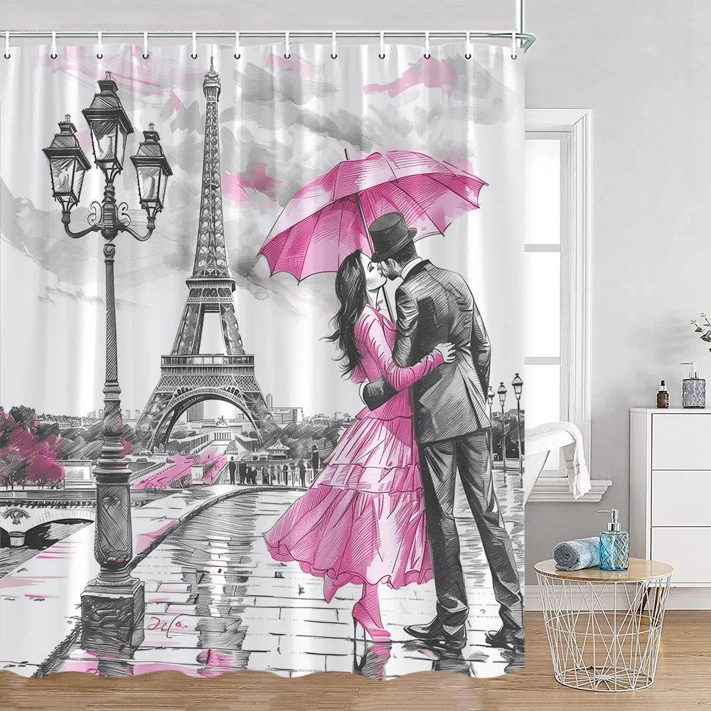 Pink Fashion Romantic Shower Curtain Paris Landscape dress Pink Bathroom Decoration Modern Bathroom Curtain with Hook