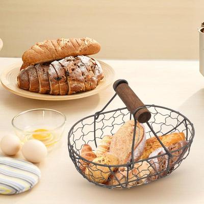 Kitchen Egg Storage Basket Creative Fruit Basket Retro Iron Snack Bread Vegetable Storage Container Holder With Wooden Handle