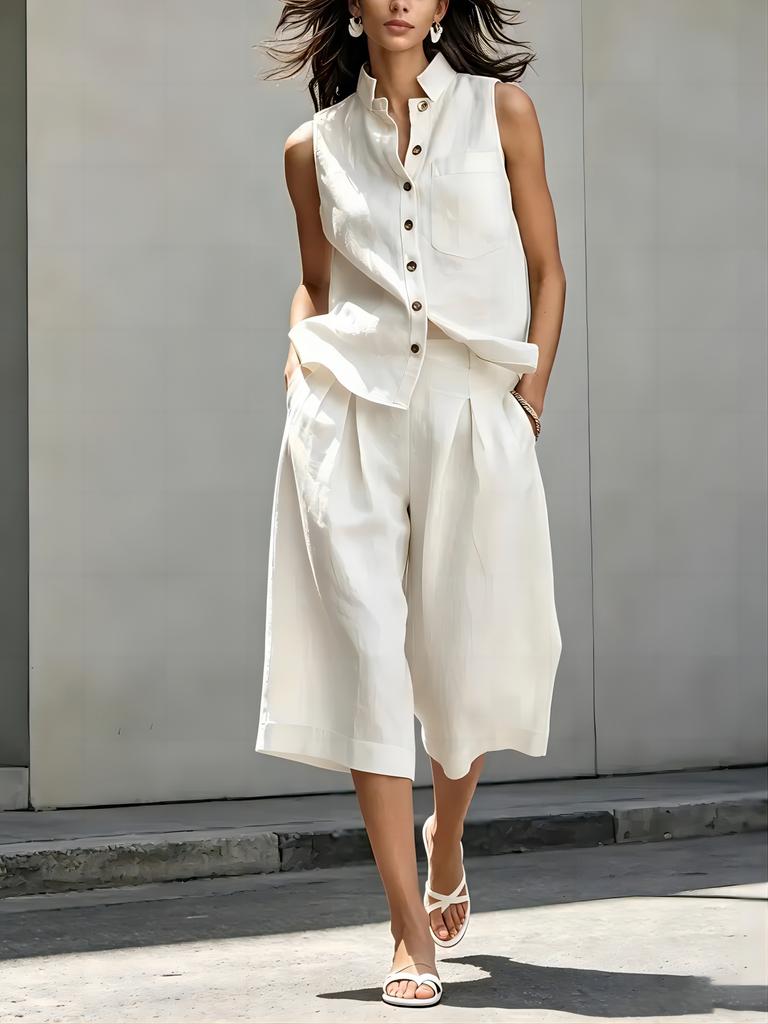 Dámský 2dílný set z lněné směsi: Bezrukávová košile na knoflíky a culottes. Ležérní letní outfit