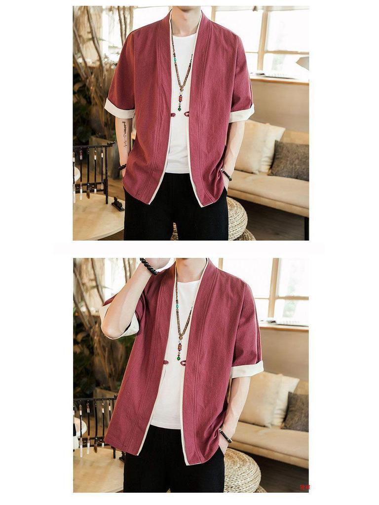 Herren Sommer Leinen Tang Anzug: Retro Chinesisches Kurzarm-T-Shirt mit Froschknöpfen