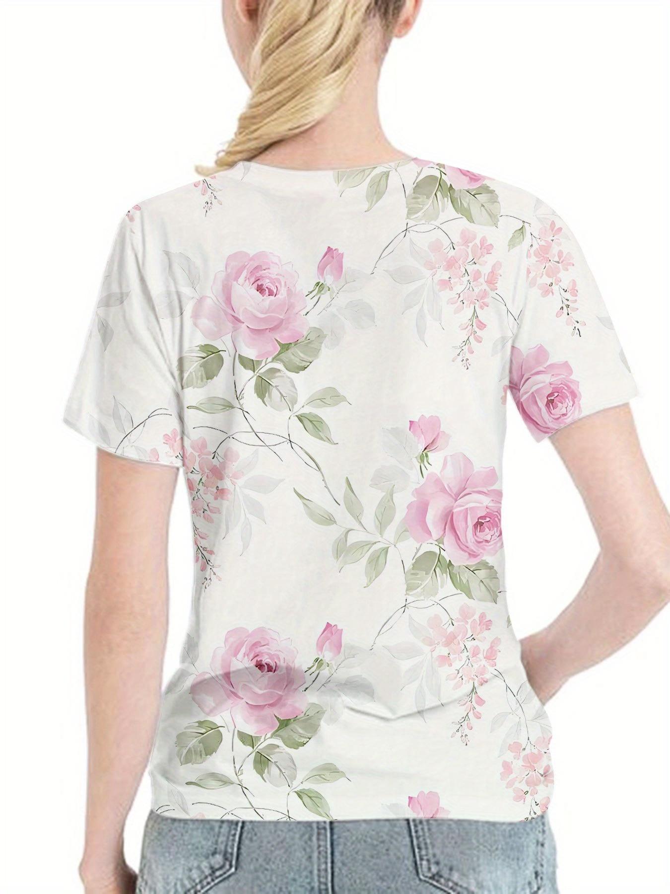 

Women S Pink Rose Floral Print T-Shirt. a Fresh And Casual Short-Sleeve Top - Featuring an Eye-Catching Gentle Floral Design And a Comfortable Everyda S дубильная кора