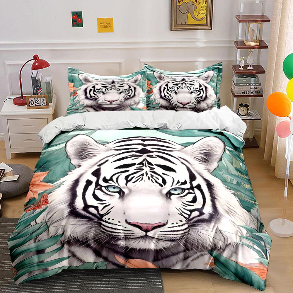 "White Tiger Nature Decor Set" Bedding Set with 1 Duvet Cover 2 Pillowcases Single Double King Queen, Gift