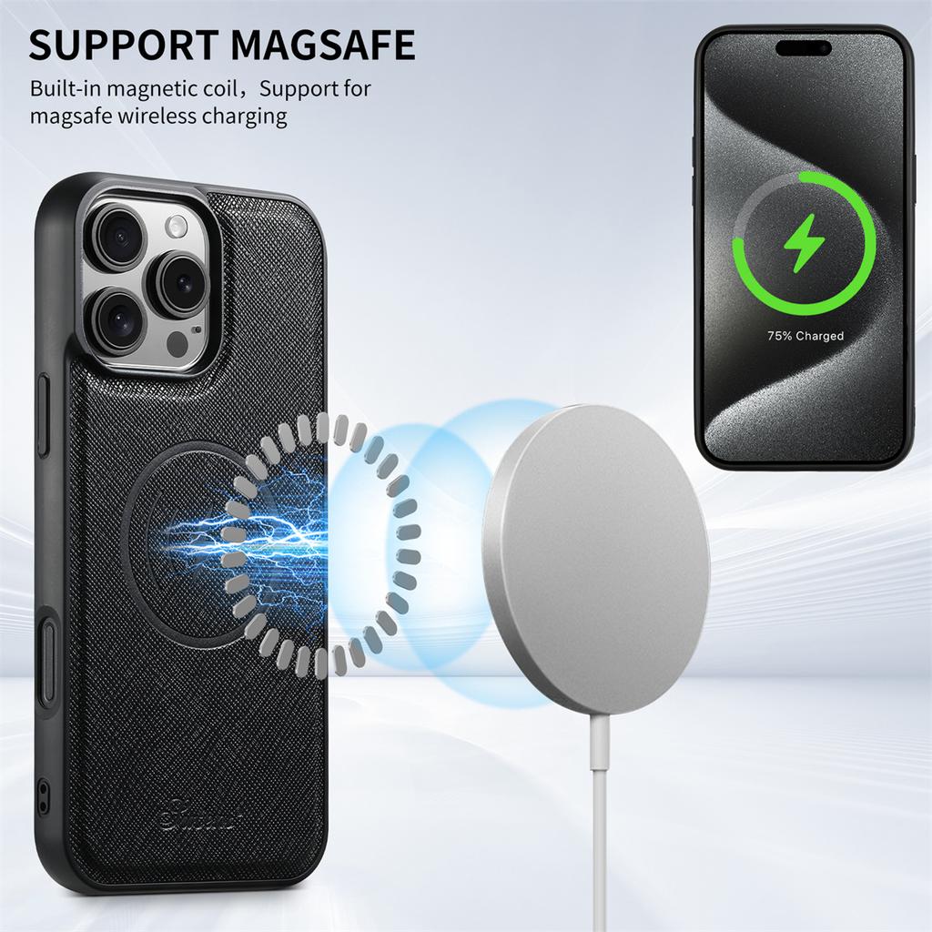 SUTENI H17 For iPhone 16 Pro Magnetic Case Cross Texture Leather Phone Back Cover with Detachable Card Bag