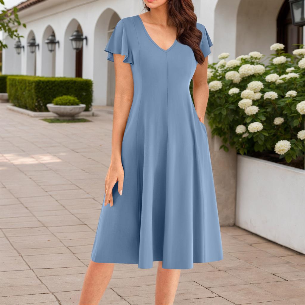 Women's Summer Fashion V-Neck Ruffle Sleeve Retro Elegant Midi Dress