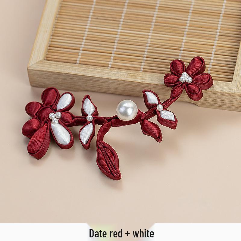 Hengmeihe Ethnic Style Qipao Top with Pearl Gardenia and Pan Buckle Handmade Buttons