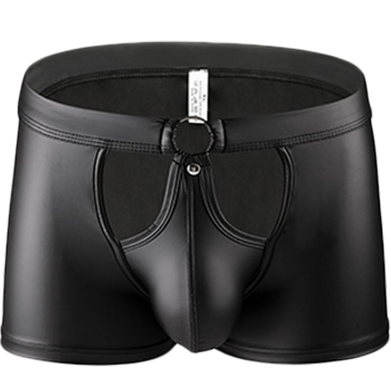 Mens Sexy Hollow Faux Leather Boxer Shorts Erotic Rave Costume Sleeveless Hooded Nightclub Outfit